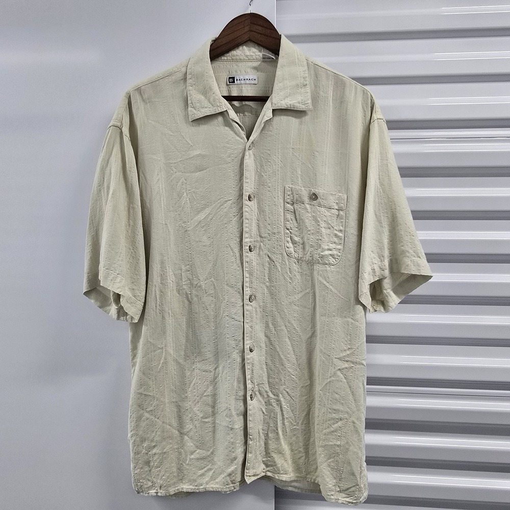 Bachrach Men's Large 100% Silk Camp Shirt Beige Textured Button Up Casual